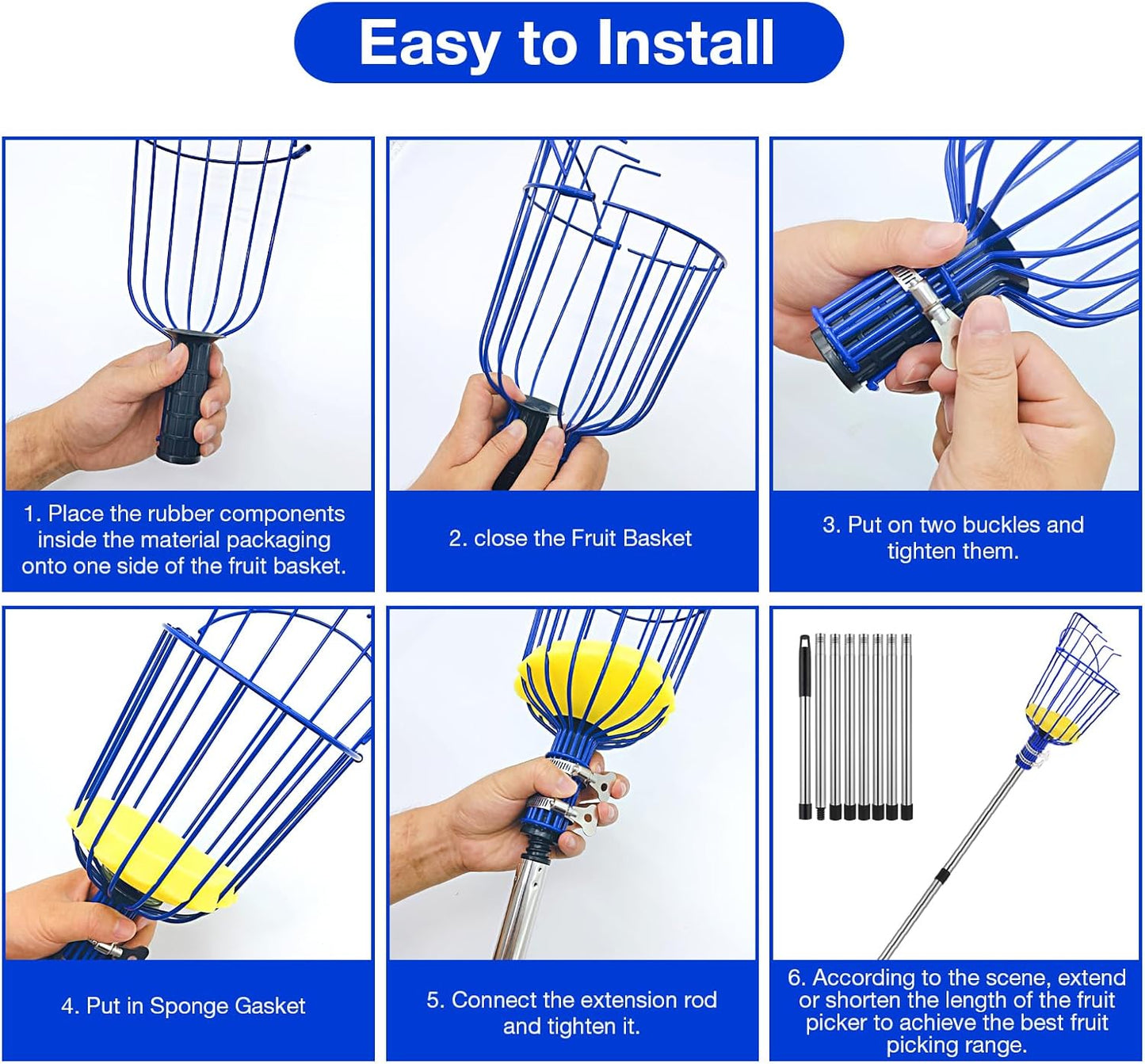 Fruit Picker Tool with Basket & Foam Pad, 35-72 Inch Adjustable Stainless Steel Picking Pole - for Harvesting Lemon Avocado Apple Mango Pear Orange & Tall Tree Fruits