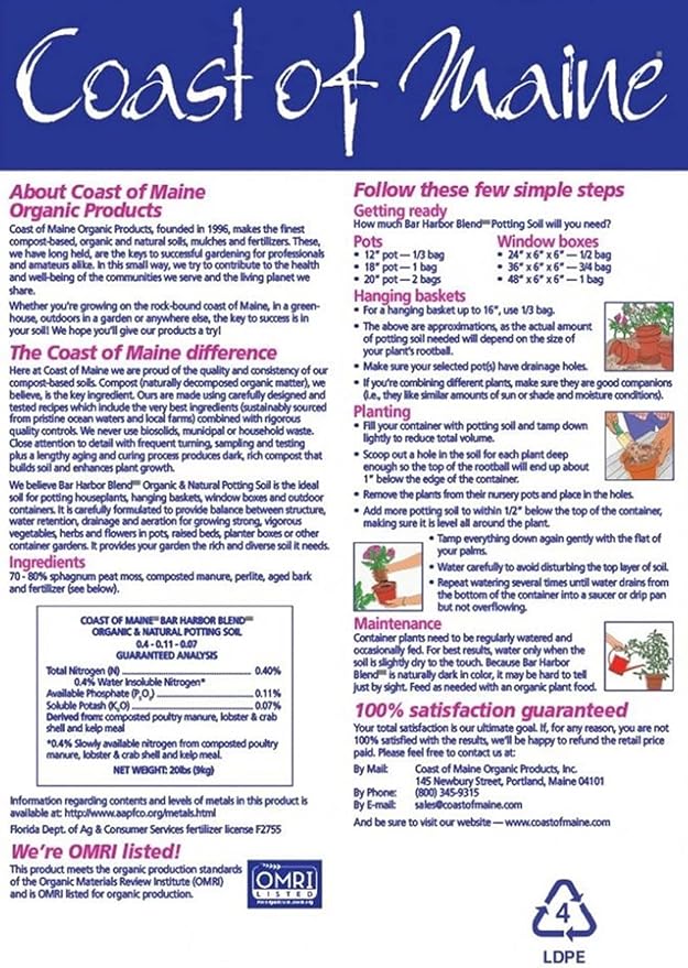 Coast of Maine Bar Harbor Blend, 8qt (Pack of 6) Organic and Natural Potting Soil for Houseplants, Flowers, Vegetables, Herbs and Containers