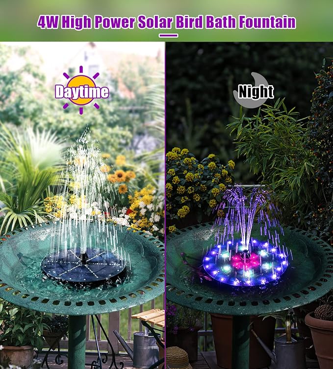 SZMP Solar Fountain 4W Bird Bath Fountains Upgraded 60 LED Lights, Solar Powered Fountain Pump Built-in 4000 Battery with 7 Nozzle & 4 Fixer, Solar Water Fountain for Garden, Bird Bath, Pool, Pond