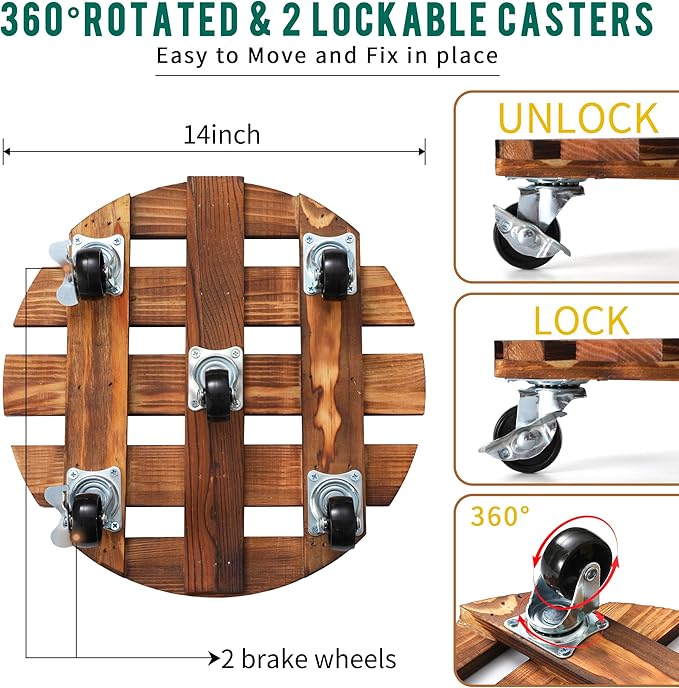 ZXZYHFTY Round Original Wooden Plant Stand with Wheels, 2 Packs Rolling Plant Stand with 360°Lockable Wheels for Vertical Garden Towers, Vertical Planting Tanks, Plant Pots, Wastebaskets (14")