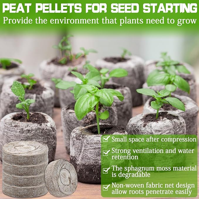 ZeeDix 50 Pcs 40mm Peat Pellets Seed Starter Soil Pods Plugs for Vegetable, Compressed Peat Nutrient Seedling Soil Block for Planting Easy Transplant with 50 Plant Labels & 2 Garden Tools