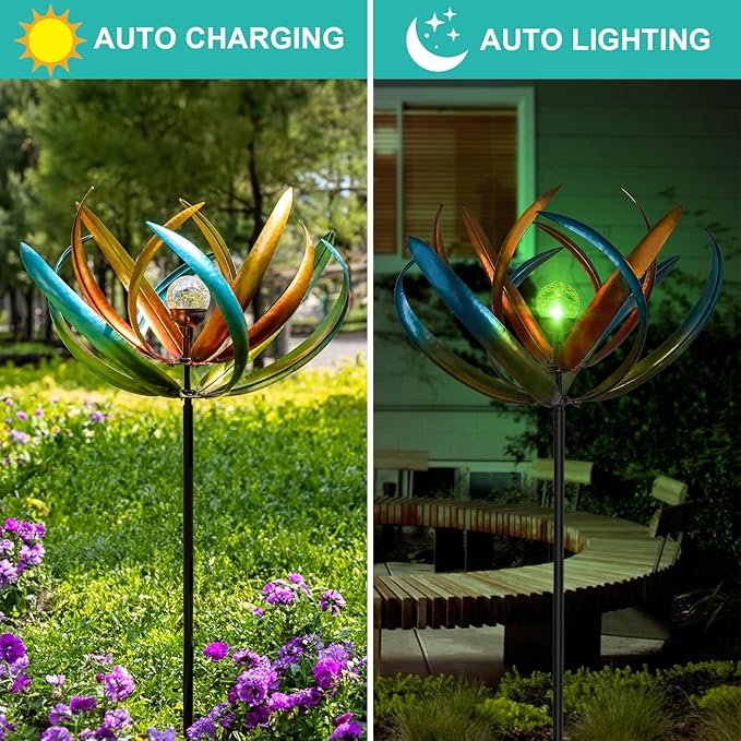 Large Solar Wind Spinners for Yard and Garden-82.6 Inch 360° Metal Wind Sculptures Outdoor Clearance Kinetic Windmills with Multi Color Led Glass Ball