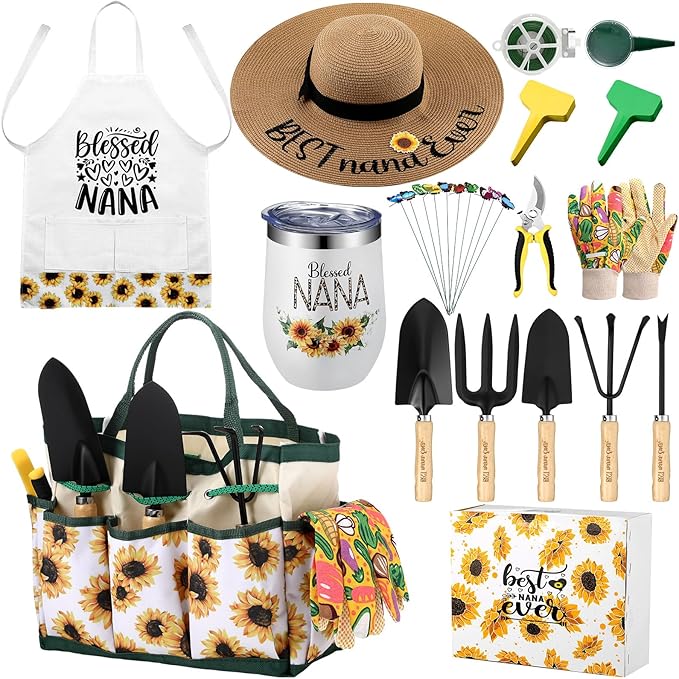 Lasnten 16 Pcs Gardening Tools Set Nana Gifts Birthday Gifts for Nana Grandma with Gloves Apron and Hat Tote Bag Insulation Cup Blessed Nana Ever Gifts Set for Plant Lover from Grandkids Grandson