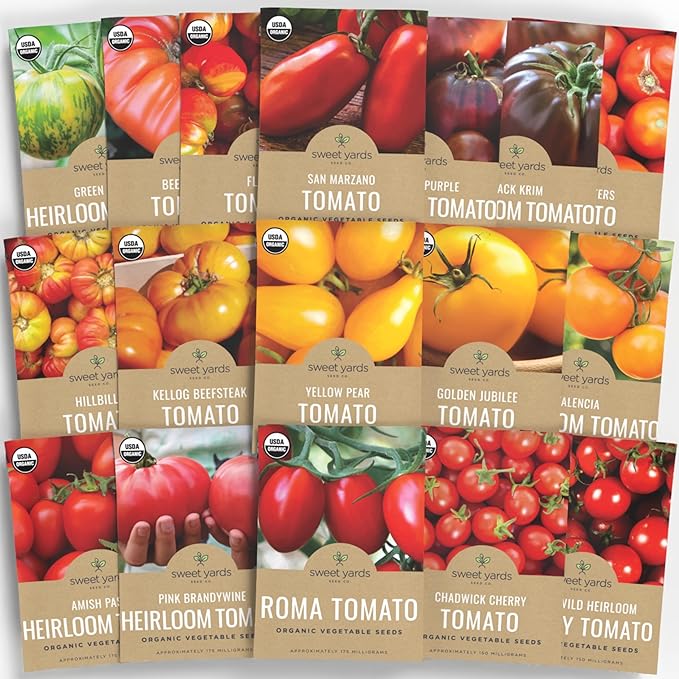 Organic Tomato Ultimate Seed Variety Pack - 17 Individual Packs - 2025 Season - Black Krim, Golden Jubilee, Cherokee Purple and More! for Indoor & Outdoor Planting (Non-GMO, Certified Organic)