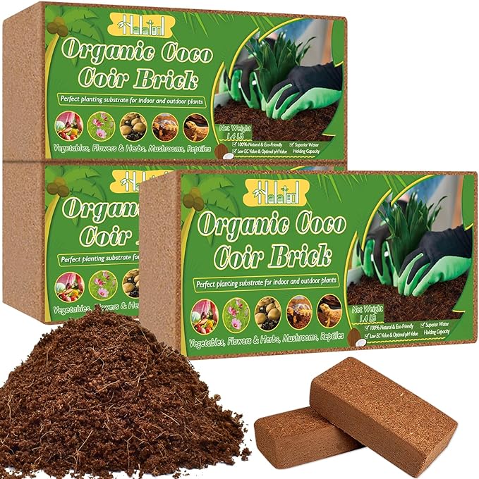 Halatool 3PCS Organic Coconut Coir Bricks Compressed Coco Coir Brick Nutrient Garden Soil with Low EC & pH Balance Premium Starting Soil Coconut Fiber Substrate for Plants Flowers Reptiles