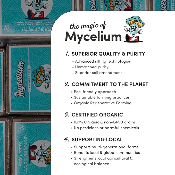 Mycelium Organic Coco Coir Brick 10lbs - Ideal for Mushroom Cultivation Mushroom Substrate - OMRI Certified, Expands with Water, Eco-Friendly Soil Alternative