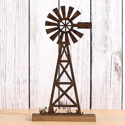 Tandefio Farmhouse Windmill Table Top Decor 11.8 Inch Metal Rusted Vintage Desk and Shelf, Decorative Farmhouse Kitchen Rustic Windmill Decor Rustic Home Decorations