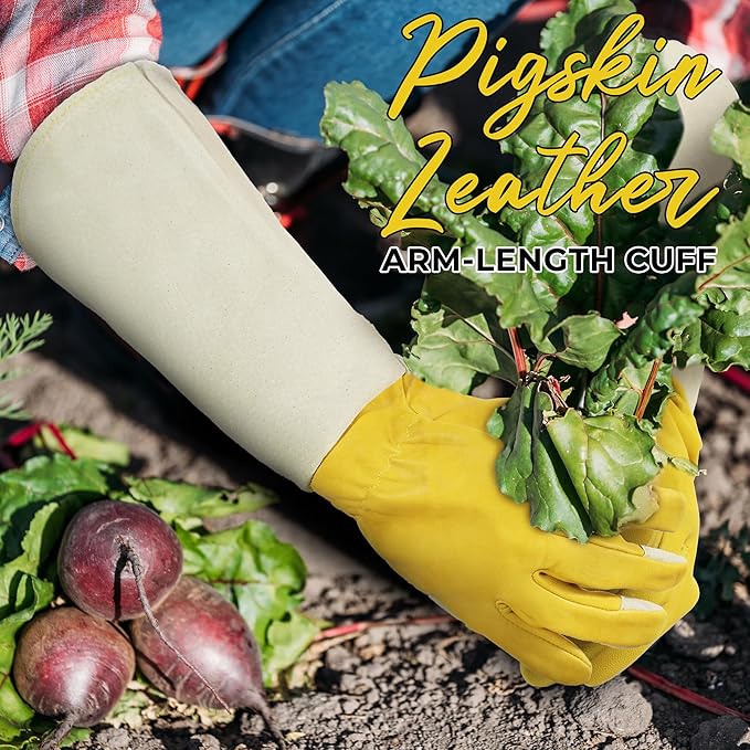 HANDLANDY Rose Pruning Gloves for Men & Women, Thorn Proof Long Garden Gloves, Gardening Gifts for Gardeners (Yellow- goatskin, Small (Pack of 1))