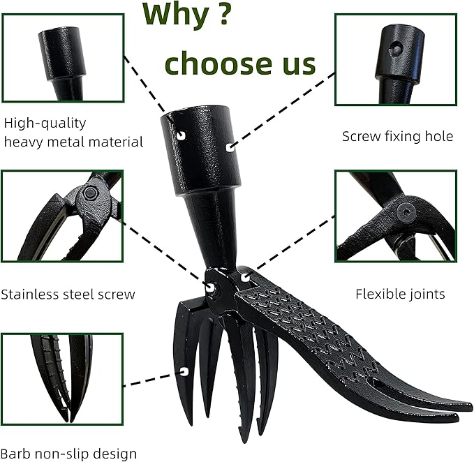 Weed Removal Head Replacement Tool, 4-Claw Steel Head Design, Manual Weeding Tool, Black