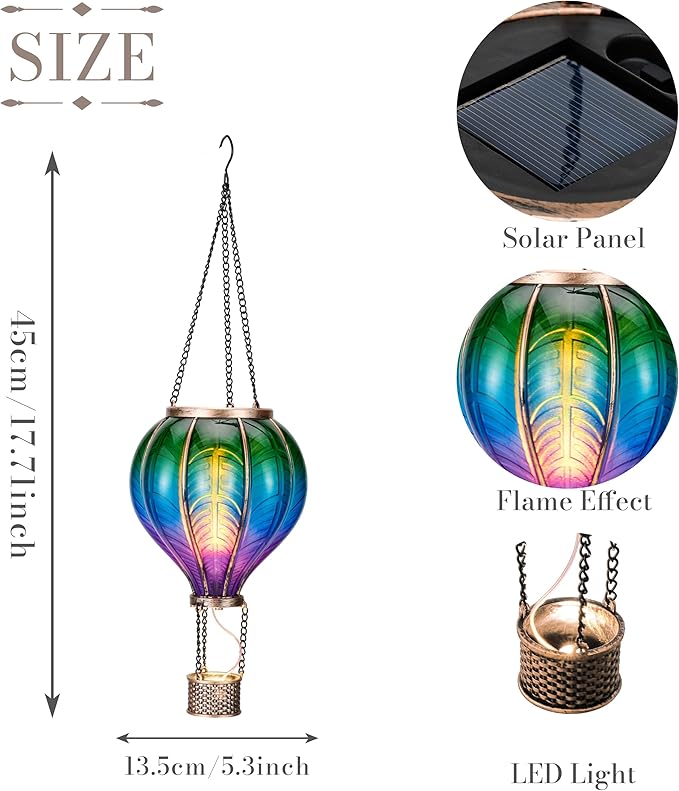 TERESA'S COLLECTIONS Hot Air Balloon Solar Lantern for Garden Decor ,Flickering Flame Hanging Solar Light for Outdoor ,Multicolor Plastic Lamp for Yard Tree Gift for Mom