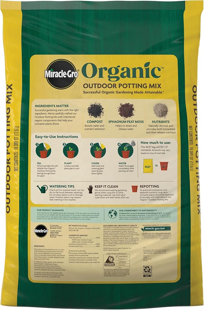Miracle-Gro Organic Outdoor Potting Mix, for Outdoor Container Plants, Contains Quick-Release Natural Fertilizer, OMRI Listed, 16 qt.