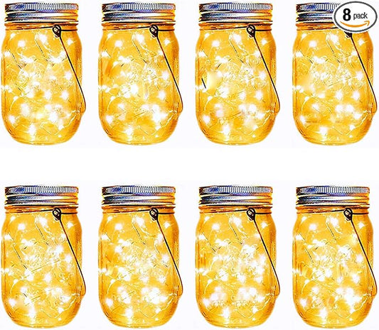 Mason Jar Solar Lights,8 Pack 30 LEDs Fairy Hanging Mason Jar Lights,Solar Lanterns for Outdoor Patio Party Garden Wedding Christmas Decor Lights(Mason Jars/Handles Included)