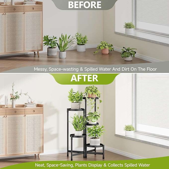 5 Tier Metal Plant Stand Indoor, Rotatable Corner Plant Shelf Outdoor, Tiered Flower Pot Display Stand, Black Multiple Plants Holder for Patio Living Room Balcony Garden Home Decor