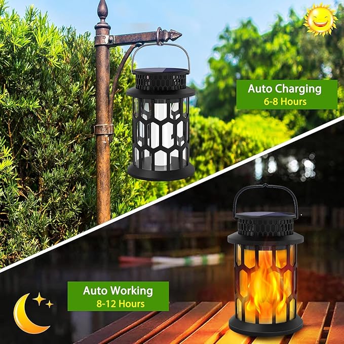 Solar Lights for Outside, Upgraded Solar Lanterns Flickering Flame Outdoor Waterproof Hanging Lanterns Decorative Solar Powered Outdoor Lighting LED Flame Garden Lights for Patio Deck Yard, 2 Packs