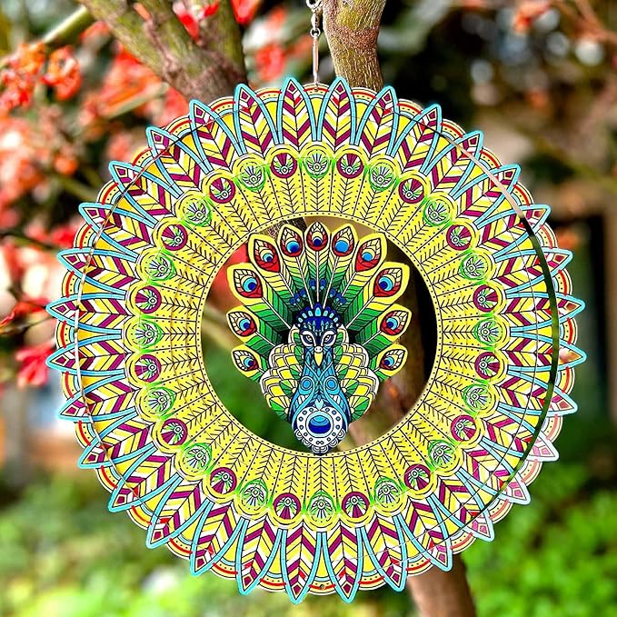 Wind Spinner Colorful Peacock 12 inch 3D Stainless Steel Laser Cut Metal Double Sided Printing-Hanging Indoor/Outdoor Decorations Yard Gardening Decor,Metal Kinetic Art Ornament Gifts