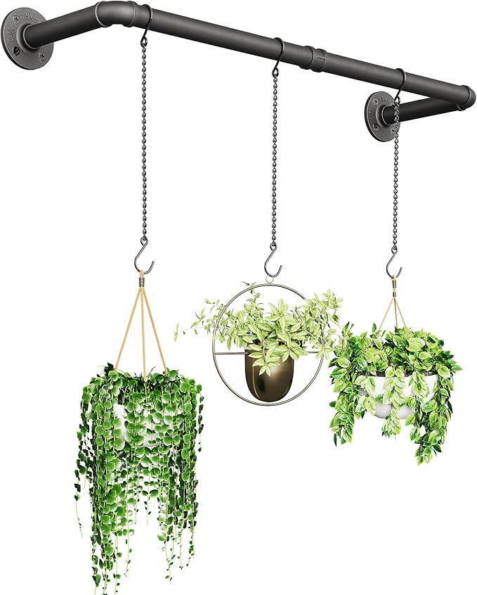 Plant Hanger Indoor, Hanging Planters Rod for Indoor Plants with 3 Hanging Chains, Wall Plant Hanging Rod for Window Ceiling, 38.2 Inch, Metal/Black, Pots Not Included…