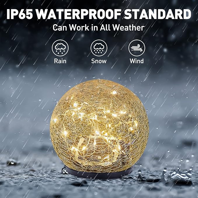 Garden Solar Lights Cracked Glass Ball Waterproof LED for Outdoor Decor Decorations Pathway Patio Yard Lawn, Warm White 2 Globe (4.7”)