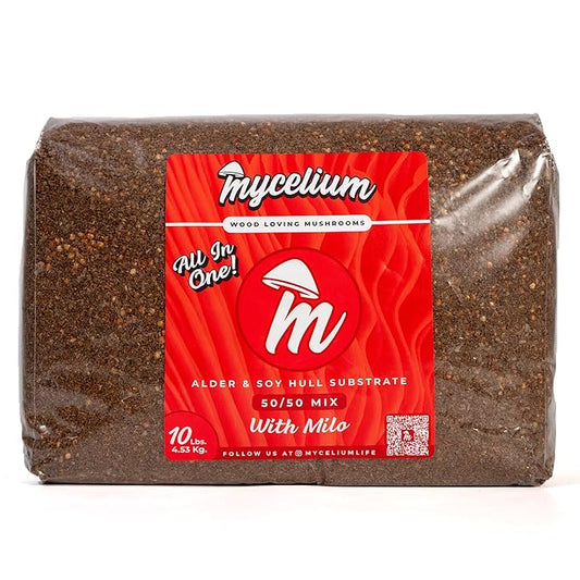 Mycelium Gourmet Mushroom All-in-One Bag - Premium Organic 10LB Blend of Alder & Soy Hull Substrate with Sterilized Milo Grain - Perfect for Variety of Wood-Loving Mushrooms - Home Growing Made Easy