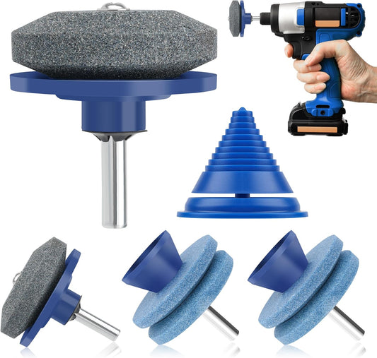 4+1PCS Lawn Mower Blade Sharpener, Universal Lawnmower Blade Sharpener Mower Sharpening Stone with 1PCS Balance Tool for Hand Drill/Power Drill (2 Single Layer + 2 Double Layer)