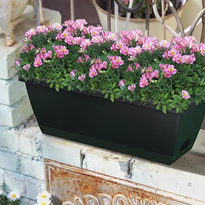Window Box Planter, 10 Pack Plastic Vegetable Flower Planters Boxes 17 Inches Rectangular Flower Pots with Saucers for Indoor Outdoor Garden, Patio, Home Decor (Black)