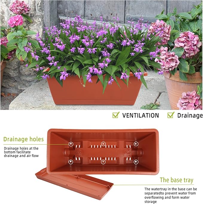 8pcs Window Box Planter,17 Inches Flower Window Boxes, Rectangle Planters Box with Drainage Holes and Trays, Plastic Vegetable Planters for Windowsill Patio Garden Home Decor Porch Yard (Red)