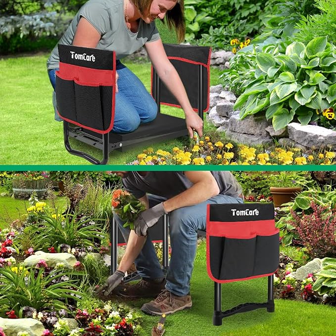 TomCare Upgraded Garden Kneeler and Seat Widen Soft Kneeling Pad Garden Tools Stools Garden Bench with 2 Larger Tool Pouches Outdoor Foldable Sturdy Gardening Tools Gifts for Gardeners, Black