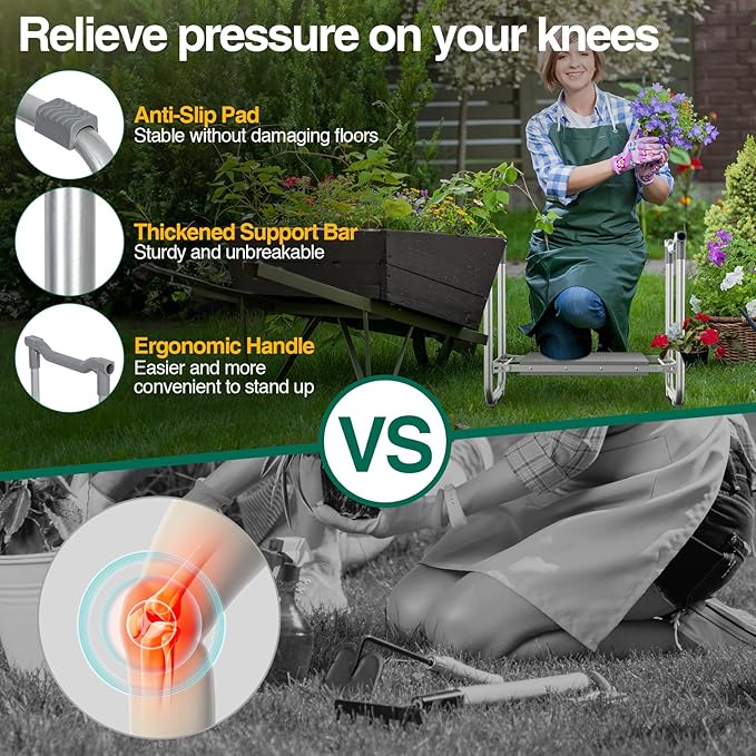 Garden Kneeler and Seat, Heavy Duty Foldable Gardener Stool with 2 Tool Pouches, Anti-Knee and Back Pain, Gardening Gifts for Women, Men Seniors