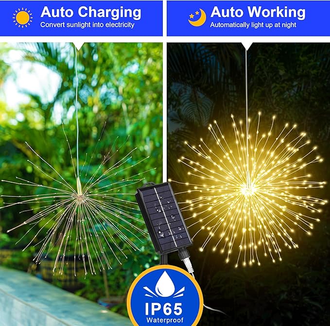 Solar Firework Lights Outdoor, 600 LED Starburst Light Outdoor with USB Rechargerable, 8 Modes Waterproof Solar Hanging Lights for Gazebo Yard Party Wedding Decorations (Warm White, 600 LED)