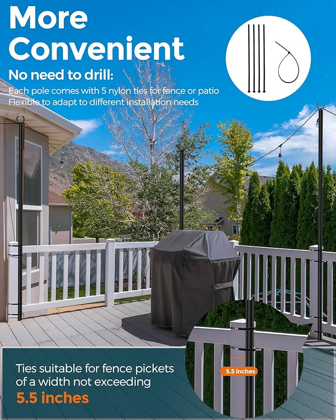 LAND·VOI Metal String Light Poles for Outside Hanging - Backyard, Garden, Patio, 1 Pack Lighting Stand with Adjustable Height for Outdoor Parties, Wedding, Extra-Long 5-Prong Claws, (9.6FT) FLP01B