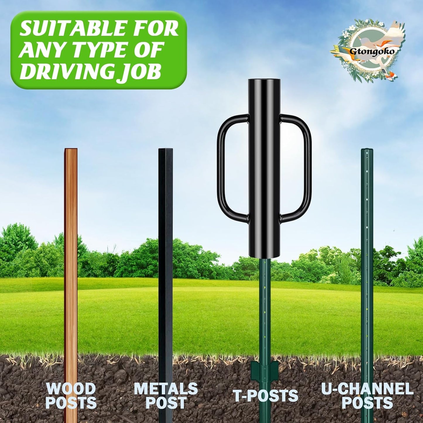 Gtongoko 8LB Fence Post Driver with Handles Heavy Duty T Post Driver Post Pounder for T-Posts, U Channel, Metal Post and Sign Post Pole Driver Tool, Black