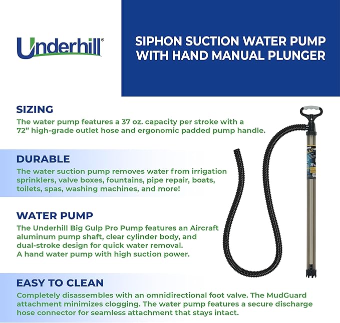 Underhill Big Gulp Pro Siphon Suction Water Pump 36 Inch Length with 72 Inch Outlet Hose, For Fluid Transfer, Water Removal, A-G3672CK
