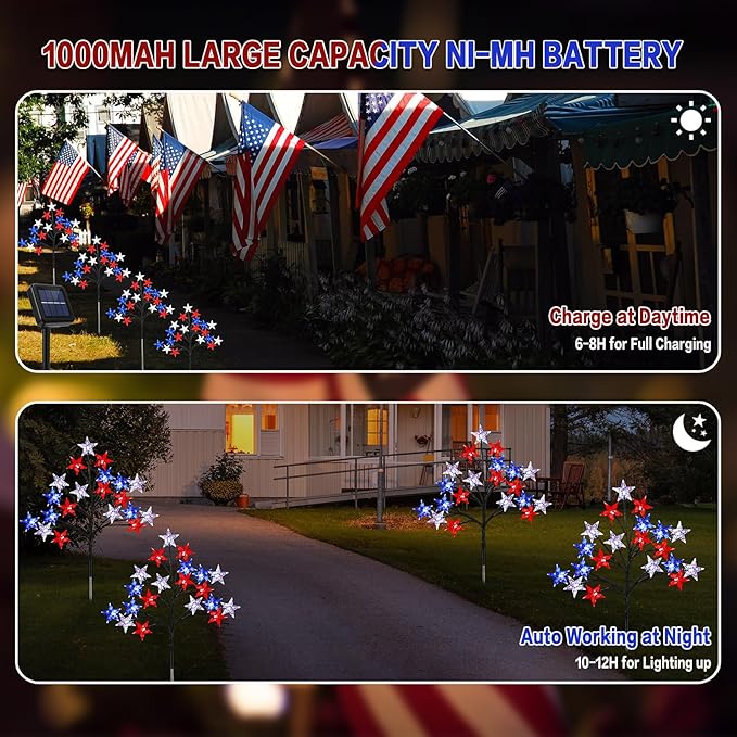 Solar 4th of July Stake Lights, Red White and Blue Lights Outdoor Decorations, Led Patriotic Lights Battery Operated for Memorial Day, July 4th, Veterans Day Outside Decor (4 in 1)