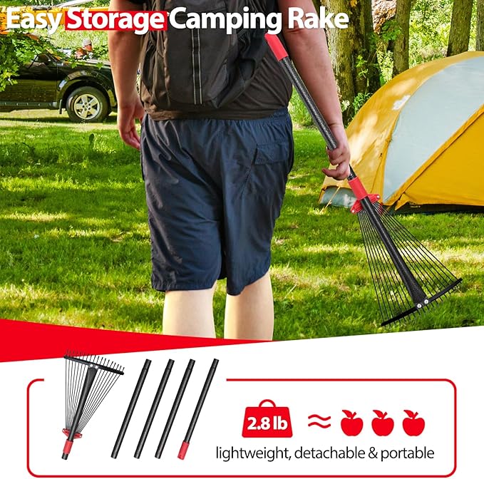 Rake for Leaves, Adjustable Garden Leaf Rakes for Lawns Heavy Duty, Metal Rake with 18 Clog-Free Tines, 9”-17” Collapsible Rake Head, 6 ft Long Handle, Yard Tools for Gardening Camping Fast Cleanup