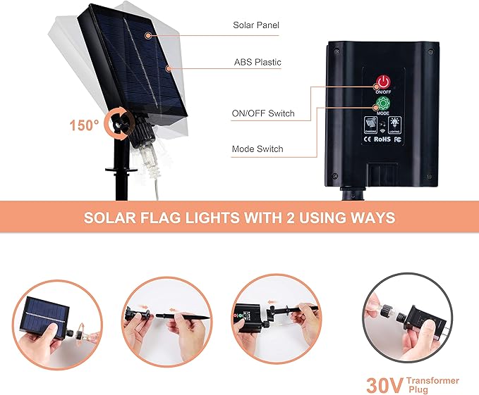 MUYUN American Flag Lights Solar Powered&Plug-in, 420LED Flag Net Light with Remote, 8 Modes Fairy String Light for Christmas Decorations Party Home Decor July 4th Independence Day