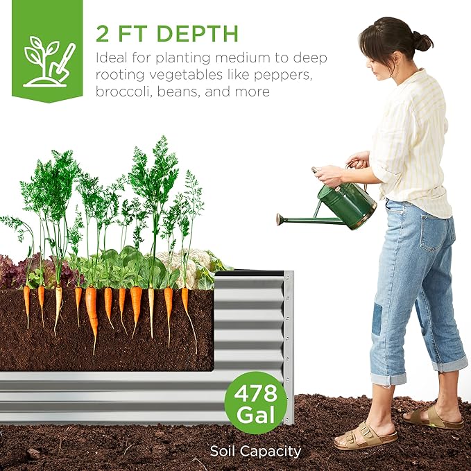 Best Choice Products 8x4x2ft Outdoor Metal Raised Garden Bed, Deep Root Planter Box for Vegetables, Flowers, Herbs, and Succulents w/ 478 Gallon Capacity - Silver