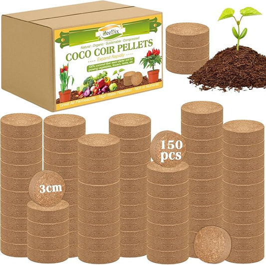 ZeeDix 150pcs(30mm) Compressed Coco Coir Fiber Potting Soil- Coir Medium, Coconut Soil for Indoors or Outdoors, Bonsai, Herbs, Plants, Flowers and Vegetables