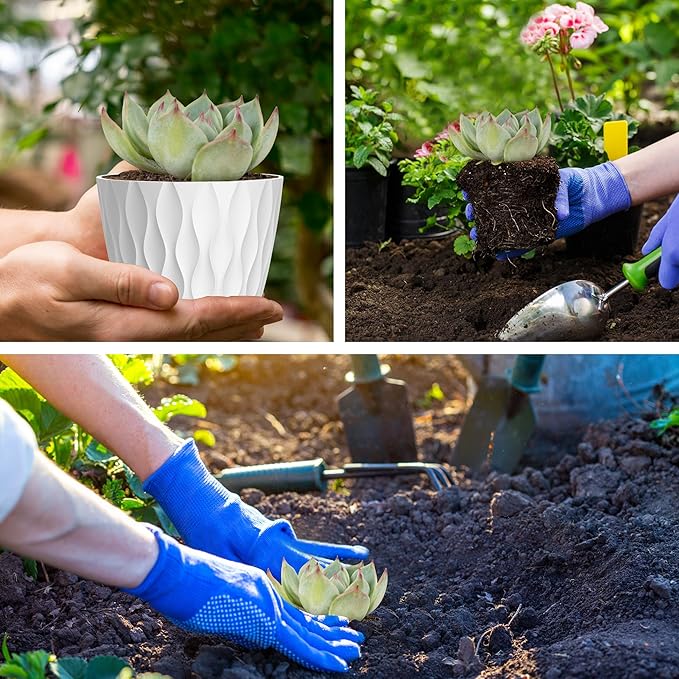 6 Pack 4 Inch Small Plant Pots with Saucers, 3D Textured Plastic Planters with Drainage Holes for Indoor and Outdoor Plants, Flowers, Herbs, Succulents, and Seedlings, White