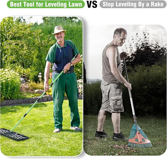 Lawn Leveling Rake 30x10 inch,Stainless Steel Lawn Leveler with Green Positioning Stakes,6.3FT Adjustable Long Handle,Heavy Duty Level Lawn Tool for Backyard, Garden, Golf Course, Farm, Pasture