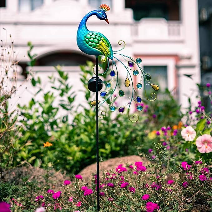 DREAMSOUL Metal Peacock Garden Solar Lights Outdoor Decorative Garden Stake Lights- Waterproof Peacock Solar Landscape LED Path Light Patio Yard Lawn Outside Decoration