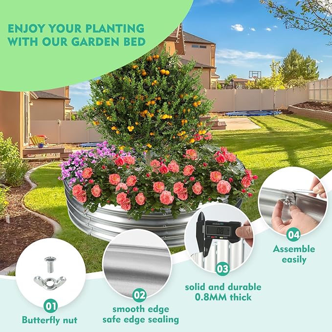 60 Inch Diameter Silver Galvanized Garden Raised Bed/Plant Box/Fire Pit Ring-0.8mm Thick,12 Inch Tall,Crimped Edge and Corner,No Sharpe,Perfect for Plantings (5FT Diameter, Round)