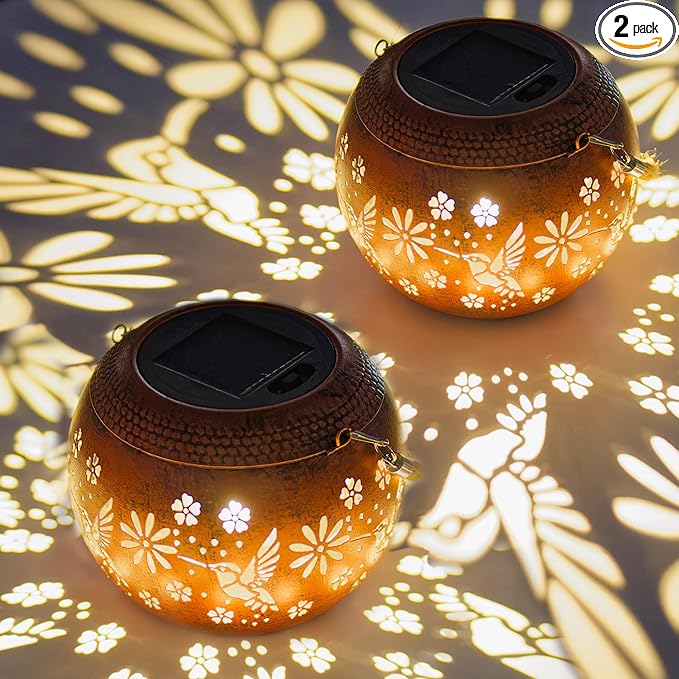 Starsoul 2 Pack Solar Lanterns Waterproof Outdoor, Hummingbird Hollow Out Decoractive Hanging Solar Lantern Lights for Outside Garden Yard Porch Tabletop Patio Decor, Gardening Gifts for Women Mom