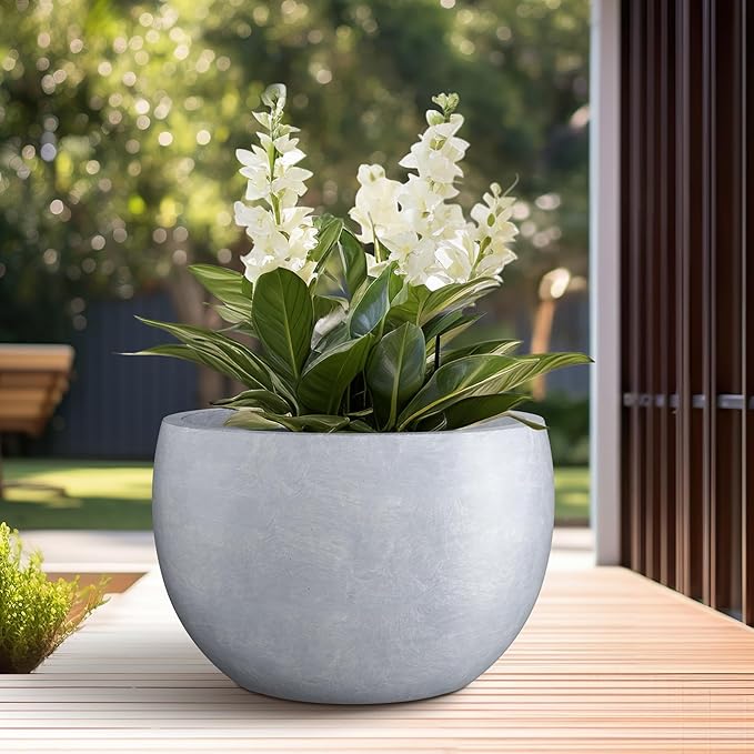 Kante 19.9" Dia Lightweight Concrete Outdoor Round Bowl Planter, Outdoor/Indoor Large Planters Pots with Drainage Hole for Garden Patio Balcony Deck Living Room, Slate Gray