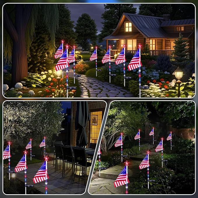 4th of July Decorations Outdoor Solar Lights, 2 Pack Red White and Blue Star Lights for National Day with American Flag, 2 Modes Waterproof Solar Patriotic Light for Independence Memory Day Yard Path