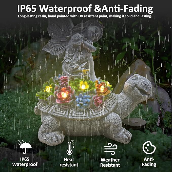 Solar Garden Statue Angel and Turtle,Figurines Outdoor Decor,Outdoor Solar Statue with LED Lights for Yard,Patio,Lawn Art Decoration,Housewarming Gift