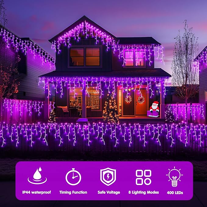 JMEXSUSS Purple Christmas Icicle Lights, 38.8 FT 400 LED Purple Icicle Lights Outdoor Waterproof, 8 Modes Purple Christmas Lights with 80 Drops Plug in for House Christmas Party Decorations