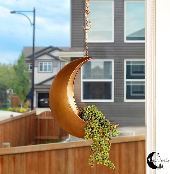 Gold Hanging Moon Planter – with Drain Holes - Moon Room Decor - Unique Planters for Succulents,Air Plant, Cactus, Artificial Plants- Plant Lover Gifts - Boho,Hippie, Birthdays,Witchy Gifts for Women