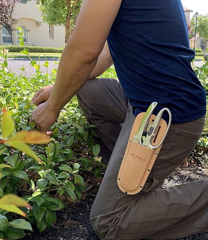 Leather Holster for Pruning Shears | Made in USA | 100% Fine Grain Leather | Gardening Equipment Case with Steel Metal Clip | Nifty Pouch for Hand Pruners | Wide Belt Slits