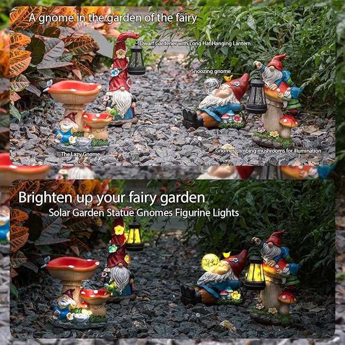 Solar Garden Statue Gnomes Figurine Lights, Bird Water Feeder and Gnomes who are Lazy Under Mushrooms, Outdoor Yard Decorations for Patio Porch Home, Garden Gifts for Women Mom