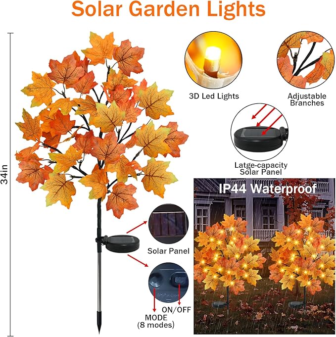 TORONTOKYO 4 Pack Fall Solar Outdoor Lights, Fall Decor 80 LED Maple Leaves Solar Stake Light with 8 Modes, Waterproof Fall Garden Lights Thanksgiving Decorations for Autumn Yard Pathway Outside