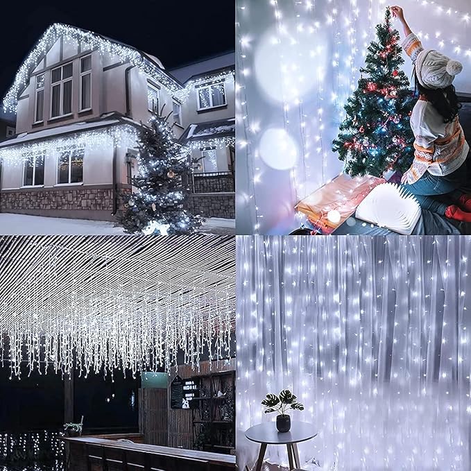 Solar Christmas Lights Outdoor Waterproof Christmas Decorations Curtain Lights 320LED 29.5ft 60 Drops, Solar Powered Rechargeable Fairy Lights for Party, Wedding, Home Decorations(White)